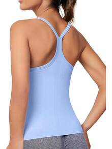 Workout Tops Women With Built In Bra, Sleeveless Gym Tops Seamless Racerback Athletic Yoga Shirts, Activewear - 淺藍色 - 查看 11