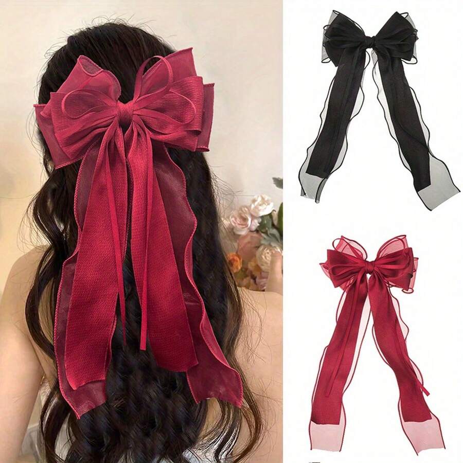 1 Piece Elegant Satin Bow Hair Clip For Women - Long Ribbon Tassel, Perfect For Weddings, Valentine's Day Parties, And Special Occasions - d - 查看 1