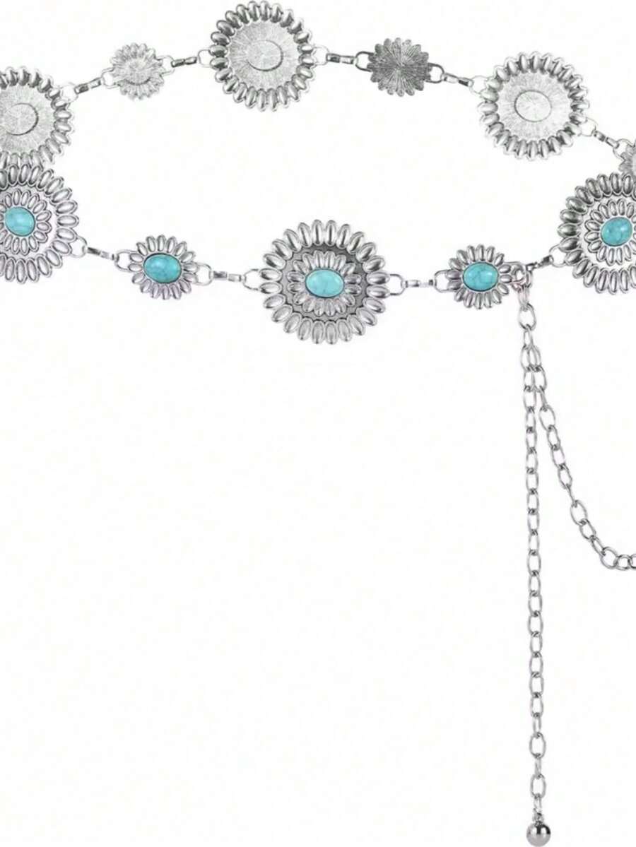 Elegant Women's Chain Belt With Turquoise Blue Stone - Bạc - Xem 1