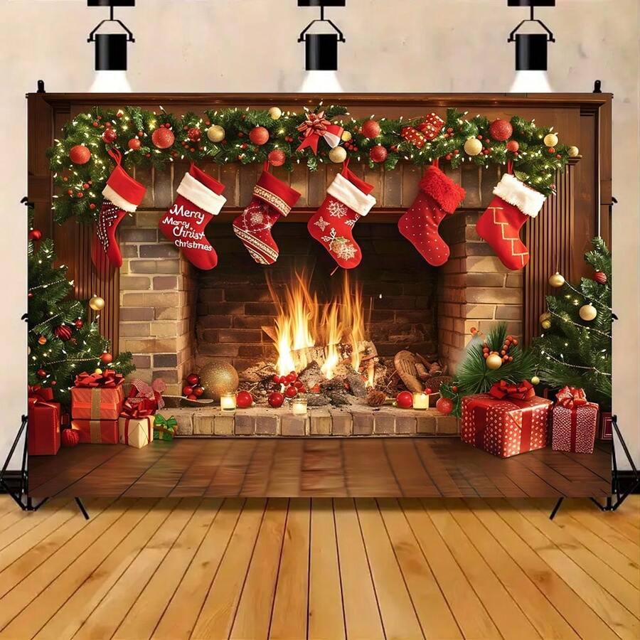 1 peça de fundo de lareira de fibra de poliéster para Natal - faixa de decoração de festa multiuso, sem necessidade de eletricidade, ideal para fotografia de feriados, cabine de fotos e eventos de celebração, decoração de Natal