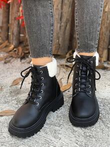 Botas de Cano Curto Femininas com Cadarço, Sola Grossa, Forro Quente, Botas da Moda para Outono/Inverno