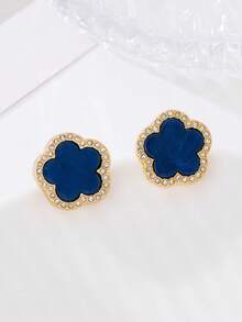 1 par de pendientes de tachuela con trébol de strass de moda, regalo dulce para fiestas para mujeres - Azul - Ver 2