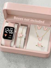 6/1pc Cute And Stylish LED Heart-Shaped Digital Display Electronic Watch, Suitable For Girls To Wear, Equipped With Butterfly Jewelry Bracelet, Pendant Necklace, Ring And A Pair Of Earrings, Suitable For Students, Very Suitable For Daily Life Such As School, Parties And Travel. Birthday Gifts, Graduation Season, Valentine's Day, Christmas, Perfect Gifts For Girls