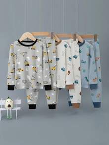 6件套男童卡通纯棉内衣套装，可爱汽车印花加厚长袖上衣和长裤睡衣套装，宇航员印花纯棉睡衣，秋季 - 彩色 - 查看 12