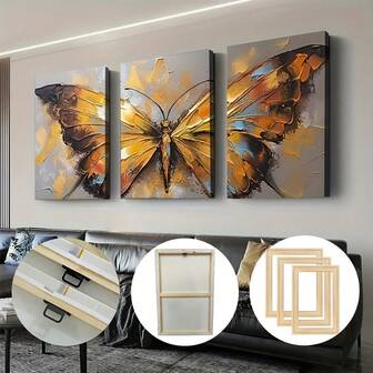 Butterfly Bliss: 3pcs Set Of Framed Abstract Animal Canvas Art - Modern Scandinavian Style For Living Room, Bedroom, Or Office - Ink On Canvas, Perfect For Indoor & Outdoor Decor