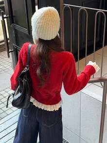 女士红色针织毛衣，韩式设计，荷叶边饰边和领带，长袖套头衫，秋冬 - 紅色 - 查看 9