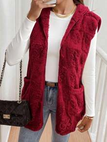 Chaleco Liso para Mujer Chaleco con estampado floral de Borreguita con Bolsillo y Capucha para Dama - Estilo Casual y Acogedor para Invierno. - Rojo - Ver 3