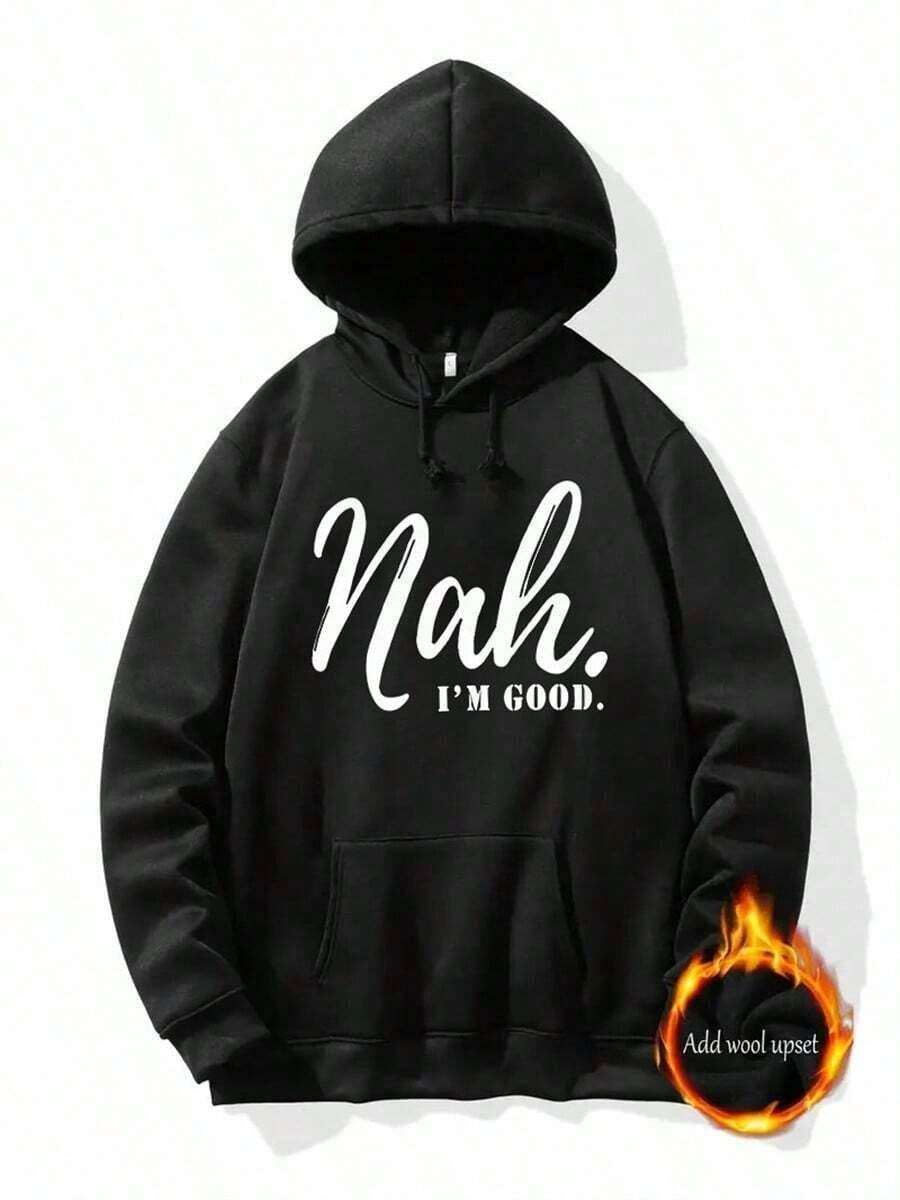 "I'M GOOD" Printed Men's Graphic Hoodie - Comfortable Casual Pullover With Eye-Catching Design, Hooded Sweatshirt For Fall/Winter, Complete With Handy Pocket - A Perfect Gift Choice For Thanksgiving And Christmas Day,Fall Hoodies,Men's Fall Clothes,Street Wear,Halloween,Mens Hoodies,Y2k Clothes,Jesus Hoodie,Thanksgiving Day,Nightmare Before Christmas,Christmas - màu đen - Xem 1