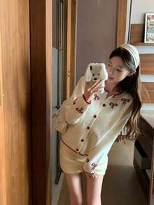 韩式休闲可爱蝴蝶结针织开衫，秋冬款 - 白色 - 查看 2