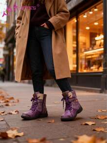 1 Pair TMA EYES Vintage Style Handcrafted Stitching & Machine Stitching PU Patchwork Contrast Color Distressed Shoe Upper, Faux Fur Lining, Jacquard Shoelace, Hook-And-Loop Closure, Non-Slip Durable Comfortable Warm Outdoor Casual Plus Size Wide Fit Ladies Ankle Boots - Purple - View 5