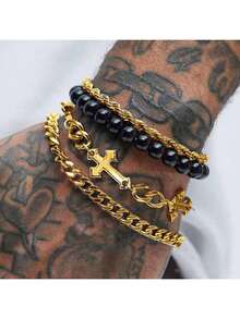 4pcs Set Men Stainless Steel Cross Bead Bracelet, Punk Alloy Bracelet, Gift For Men - Gold - View 5