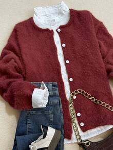 Autumn And Winter Elegant Casual Fashion Warm Sweater, Plush Yarn Texture Imitation Mink Feel Comfortable, Shell Buckle Round Neck Long Sleeve Knitted Sweater Cardigan,Fall Clothes For Women, Winter Clothes For Women,Fall Tops,Work/Office, Business Casual Woman