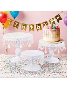 3-Tier Antique Stand Set, Elegant Gold/Champagne/White Metal Display For Weddings & Parties - trắng - Xem 5