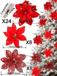 3/6/12/18/24 buc flori artificiale de Crăciun cu clipsuri, 3 stiluri ornamente de brad de Crăciun cu sclipici flori pentru ghirlandă DIY Crăciun Anul Nou petrecere decorare