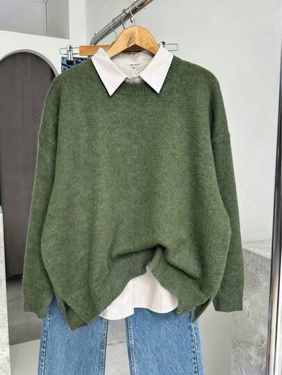 Women's Casual Solid Color Long Sleeve Knit Sweater, Soft, Comfortable, Warm, Versatile Top For Autumn/Winter