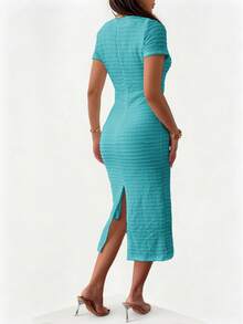 Unadoll Women's Short Sleeved Round Neck Zipper, Fake Buckle Design, Slit, Elegant Winter Dress, Suitable For Dates, Commuting, Weddings, Christmas, Thanksgiving Wearing Day, Short Sleeved Solid Color Dress - Teal Blue - View 11