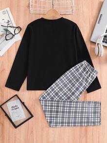 两件套男童格子睡衣套装，圆领长袖趣味字母印花上衣搭配格子印花长裤，休闲家居服套装，适合春、秋、冬日常穿着，也可作为儿童礼物。 - 黑色 - 查看 4