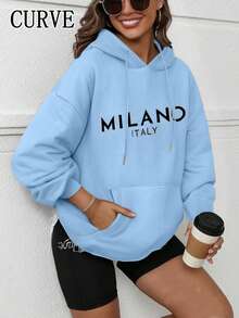 Plus Women's Letter Drawstring Pocket Hooded Sweatshirt - Blue - View 1
