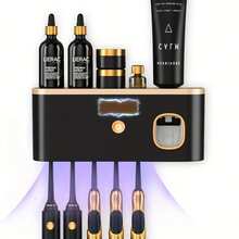 1个智能牙刷消毒器，带牙膏分配器，壁挂式牙刷架，多功能牙刷架和消毒器，5格牙刷收纳整理架，浴室配件，家居装饰，现代浴室收纳架，适用于电动牙刷及配件，时尚设计，理想的牙刷架