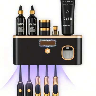 1个智能牙刷消毒器，带牙膏分配器，壁挂式牙刷架，多功能牙刷架和消毒器，5格牙刷收纳整理架，浴室配件，家居装饰，现代浴室收纳架，适用于电动牙刷及配件，时尚设计，理想的牙刷架