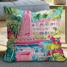 Tropical Outdoor Throw Pillow Covers 18x18 Inch - Vibrant Boat & Coconut Tree Print, Single-Sided Printed, Envelope Closure, For Patio, Balcony, Garden, Sofa & Tent Decor, Decorative Pillowcase - 樣式 1 - 查看 6
