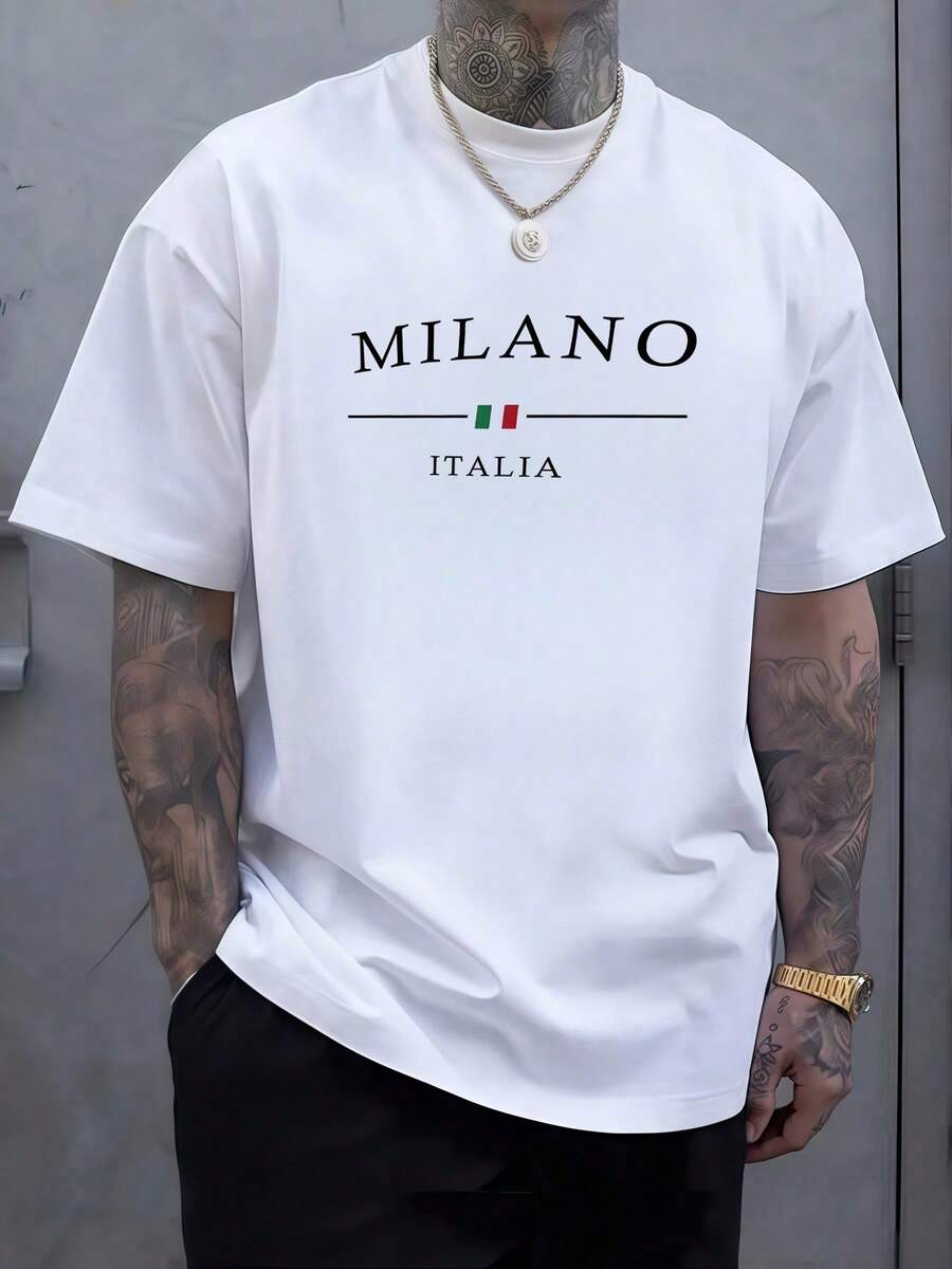 1 unidad de 220g Camiseta Estampada Milano Italia Camiseta casual de talla grande para hombres Estilo Urbano Camisa de T 100% algodón con estampado digital Dise?o Original Moda de Verano - Blanco - Ver 1