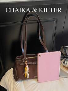 CHAIKA & KILTER 1pc Solid Color Suede Fabric Shoulder Bag For Women, Retro Fashion Square Bag, Double Handle Design, Zipper Closure, Strap Decor, Suitable For Daily And Outdoor Use (Sold With Pendant) - Coffee - View 4