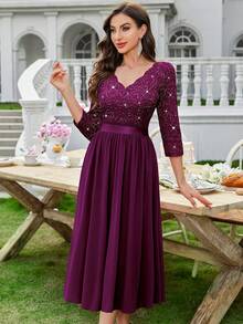 MIUSOL Elegant Maroon V-Neck Sequin Lace Ruched Chiffon A-Line Flowy Hem Midi Dress, 3/4 Sleeves, For Wedding Guest, Cocktail Party, Graduation Or Formal Evening Events - 紫紅色 - 查看 6