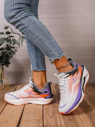 (Autumn/Winter) Women's White & Purple Sneakers, With Arch Support And Cushioned Insole - Round Toe, Simple White & Purple Design - Suitable For Casual, Office Daily Wear - Comfortable Casual Sports Shoes For Winter - Solid Fabric Upper, Soft Lining, Suitable For Light Snow And Humid Environments - Essential Winter Sports Shoes