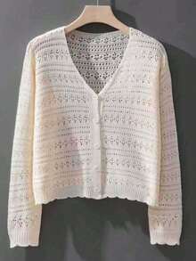 1pc Women's Shrug, Loose V-Neck Hollow Out Knitted Air-Conditioned Shirt, New Style Long Sleeve Sunscreen Cover Up Top Accessories Women