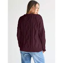 2025  Women's Oversized Cable Knit Crewneck Sweaters - Wine Red - View 3