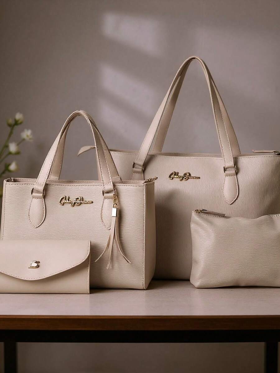 Kit 4 Anjik Medium Women's Bags + Wallet + Tote Bag + Toiletry Bag, Zipper Closure, Synthetic PU, Everyday Bag, Luxurious, Elegant, Party, Work, School, University. Gaby Show - 米色 - 查看 1