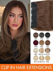 1pc 5-Clip Real Human Hair Extensions, Long Straight Hair, Women's Wide Hair Piece, 3/4 Full Head Clip-In Straight Hair, Thick Hair Clips, Standard Hair Piece, Soft Double-Layer Straight Hair, Real Human Hair, Adds Hair Length - Multicolor - View 3