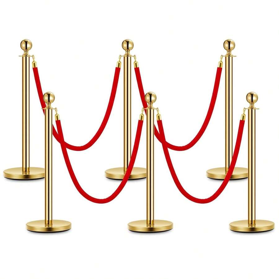 Techigher Velvet Ropes And Stanchion Post, Stanchions Posts With Velvet Rope, Stainless Steel Crowd Control Barriers Set For Crowd Control Barriers, Safety, And Protection - 6 Posts - View 1