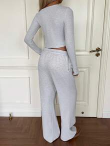 GAOVOT 2pcs Women Casual Cute Long Sleeve Cardigan Jacket And Loose Straight Pants Set - White Flower Gray - View 2