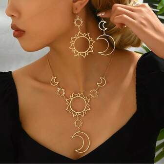 3pcs Vintage Zinc Alloy Sun & Moon Necklace & Earrings Set For Women