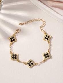 1 pièce Bracelet trèfle vintage élégant avec un design royal pour femmes - Trèfle à quatre feuilles incrusté de diamants - Voir 4