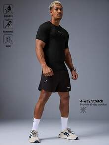 Acti Log 男式翼印花插肩短袖日常健身运动T恤健身服跑步T恤和背心健身上衣健身房上衣压缩衬衫透气修身衬衫圆领 - 黑色 - 查看 8