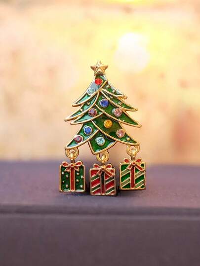 1pc Christmas Tree Gift Brooch, Multi-Color Metal Zirconia, Elegant For Parties, Everyday Outfits, And Party Accessories