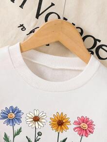 少女花卉印花保暖圆领套头衫和蝴蝶结编织长裤套装 - 白色 - 查看 3