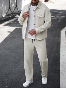 Conjunto de chaqueta casual de punto de gofre de estilo vintage para hombre de otoño/invierno - Caqui - Ver 4