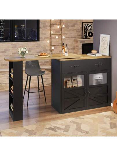 Ausziehbarer Bartisch Mit Stauraum(138 204*39*104cm) 360° Drehbare Essbar,Modern Beweglicher Bar Table,Hochtisch Kücheninsel Bistro Table, Sideboardschrank Regalen,Schwarz