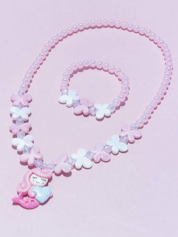 2 pièces/set Bracelet papillon mignon pour filles et collier à breloques sirène avec perles. Ensemble de bijoux bracelet, convient pour le port quotidien, les festivals, les fêtes, les cadeaux pour les filles