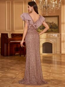 Women's V-Neck Ruffle Sleeve Glitter Patchwork Evening Party Cocktail Dress, Wedding Guest Dress, Formal Dress, Bride Dress, Birthday Outfits, Graduation Dress - Coffee Brown - View 2