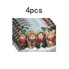 1 pièce/4 pièces/6 pièces Vaisselle avec motif de chat de Noël dans la neige, vaisselle thermoprotectrice, vaisselle en polyester lavable en machine, vaisselle de protection, décoration centrale, décoration quotidienne pour le salon familial, convient pour la décoration de rassemblement de groupe - Multicolore - Voir 11
