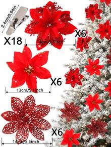 3/6/12/18/24 buc flori artificiale de Crăciun cu clipsuri, 3 stiluri ornamente de brad de Crăciun cu sclipici flori pentru ghirlandă DIY Crăciun Anul Nou petrecere decorare
