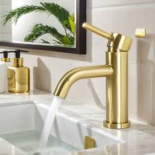 1 件金色不锈钢冷热水龙头 - 单把手浴室水槽混合水龙头，适用于家庭和梳妆台，节水设计，包含安装硬件，拉丝金属饰面，豪华洗脸盆水龙头 | 优雅的水龙头款式 | 不锈钢水龙头