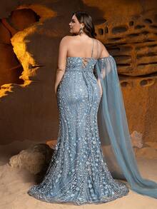 GIFORU Luxury Blue-Grey Beaded Gown With Attached Cape - One Shoulder Sequined Embroidery Dress For Red Carpet Events, Opera Galas And Evening Parties Wedding Spring - Dusty Blue - View 3