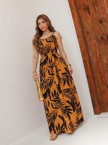 Summer Floral Pleated Dress - Camel - Ver 3