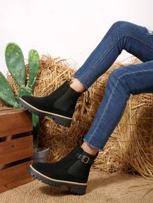 Women's Buckle Decor Patchwork Round Toe Slip-On Black Short Boots, Western Style Suitable For Holidays, Outdoor, Halloween And Daily Wear, Autumn/Winter New High Heel Boots, Fashionable And Comfortable To Pair With Jackets